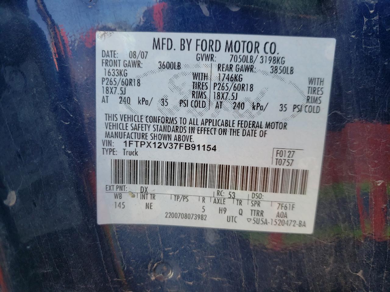 Photo 10 from auction – 2007 FORD F150 with VIN 1FTPX12V37FB91154