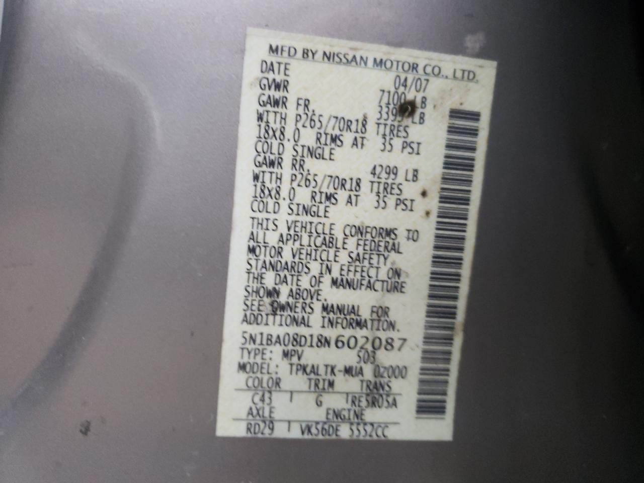 Photo 10 from auction – 2008 NISSAN ARMADA SE with VIN 5N1BA08D18N602087
