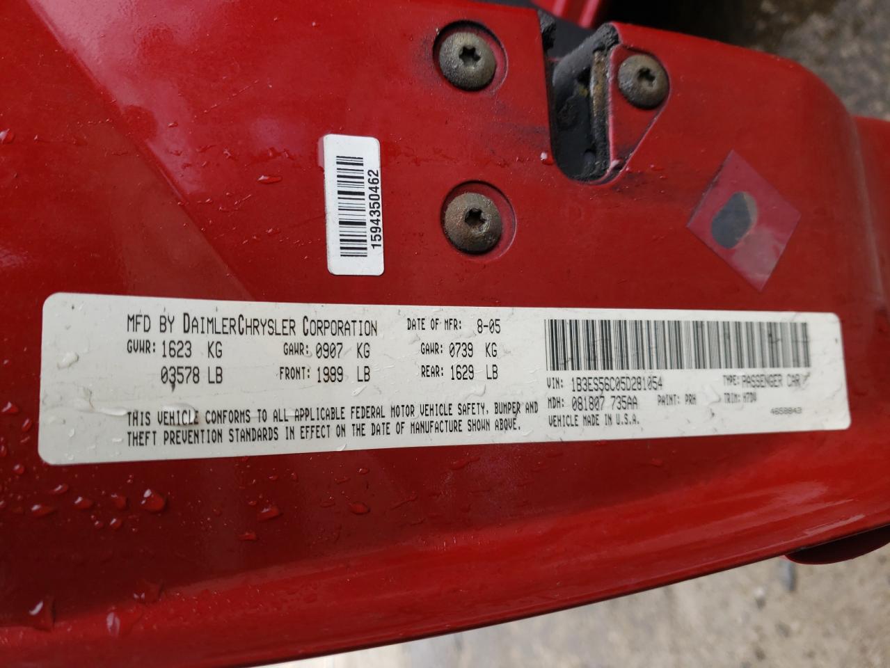 Photo 10 from auction – 2005 DODGE NEON SXT with VIN 1B3ES56C05D281054