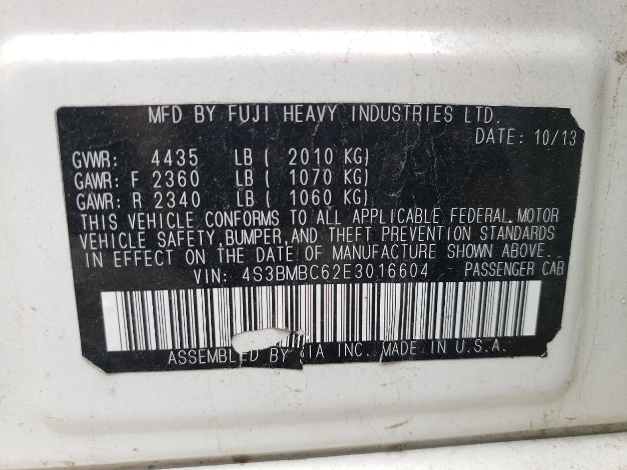 Photo 10 from auction – 2014 SUBARU LEGACY 2.5 with VIN 4S3BMBC62E3016604
