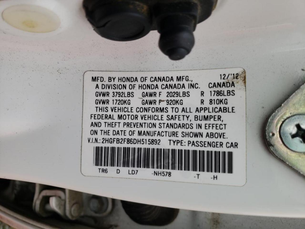Photo 10 from auction – 2013 HONDA CIVIC EX with VIN 2HGFB2F86DH515892