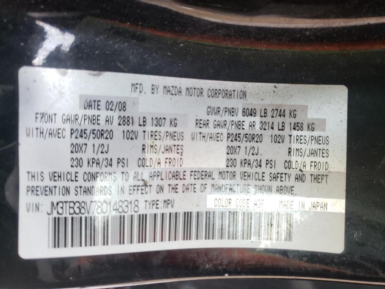 Photo 10 from auction – 2008 MAZDA CX-9 with VIN JM3TB38V780148318