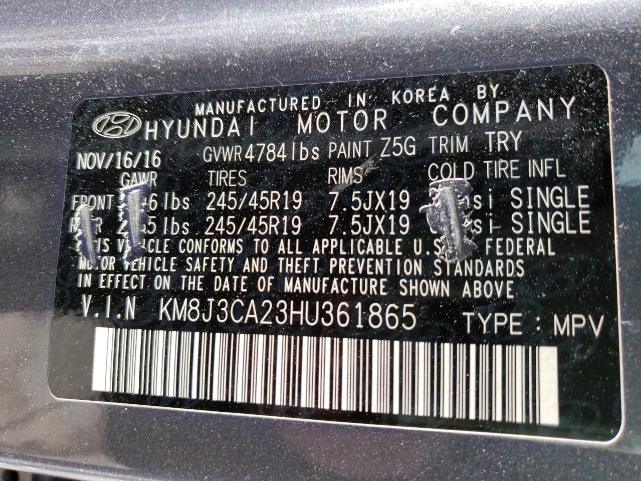 Photo 10 from auction – 2017 HYUNDAI TUCSON LIM with VIN KM8J3CA23HU361865