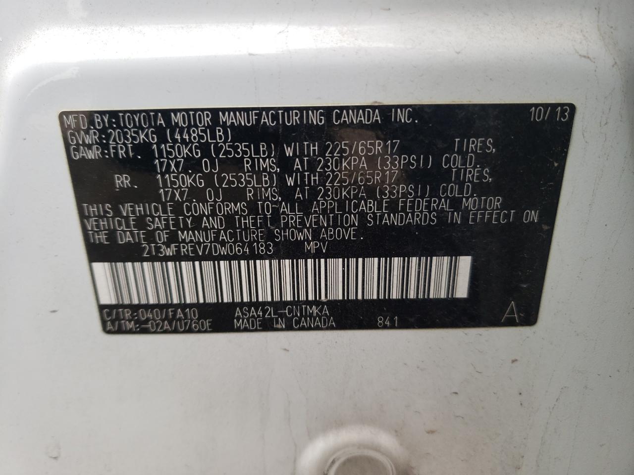 Photo 10 from auction – 2013 TOYOTA RAV4 XLE with VIN 2T3WFREV7DW064183