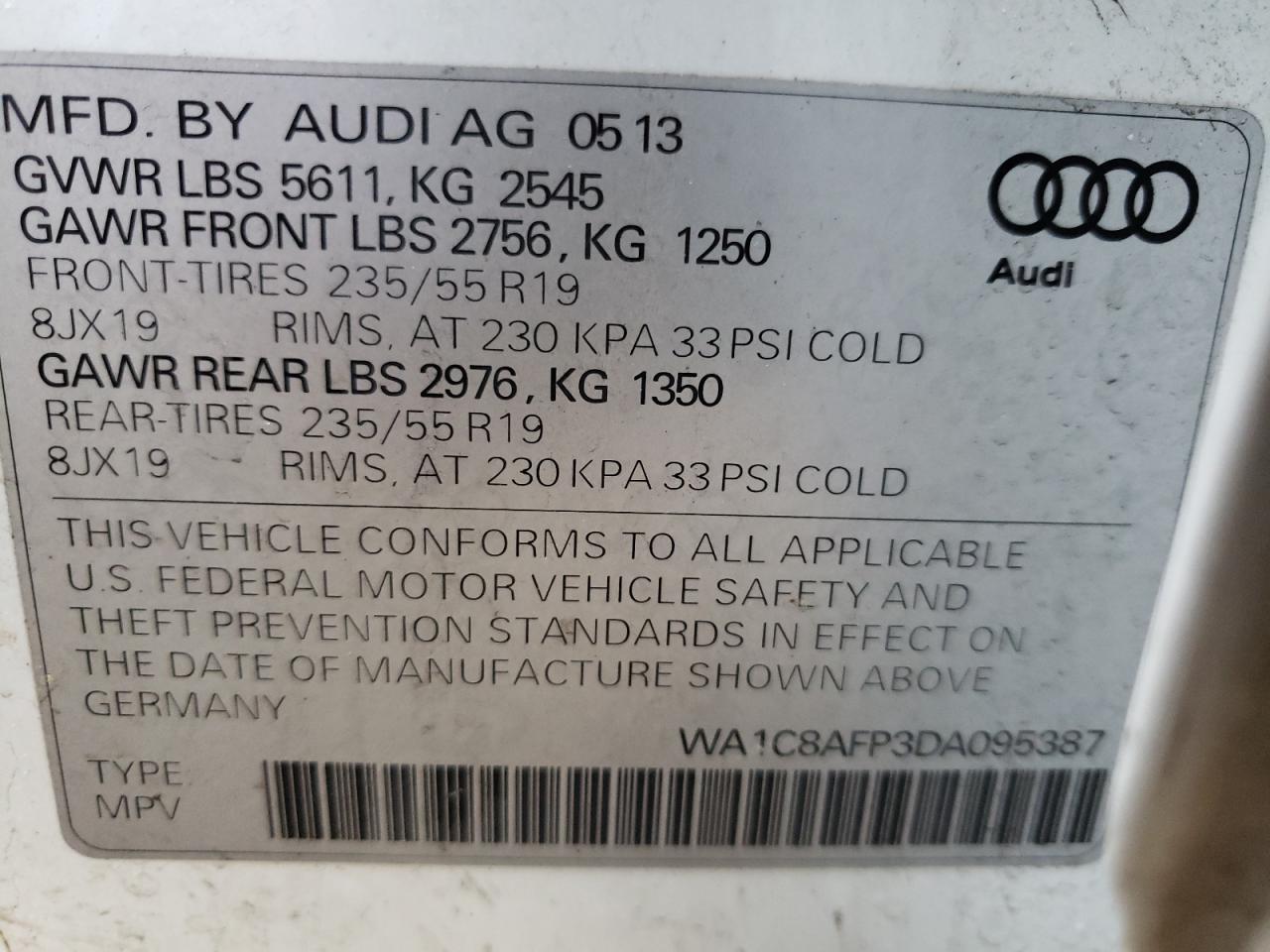Photo 10 from auction – 2013 AUDI Q5 PREMIUM with VIN WA1C8AFP3DA095387