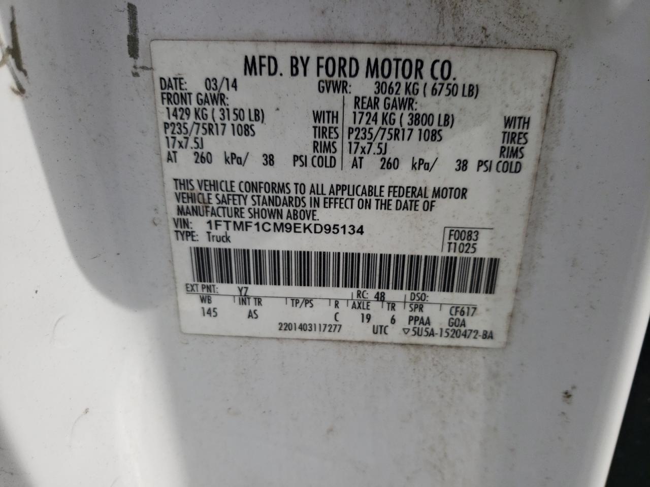 Photo 10 from auction – 2014 FORD F150 with VIN 1FTMF1CM9EKD95134