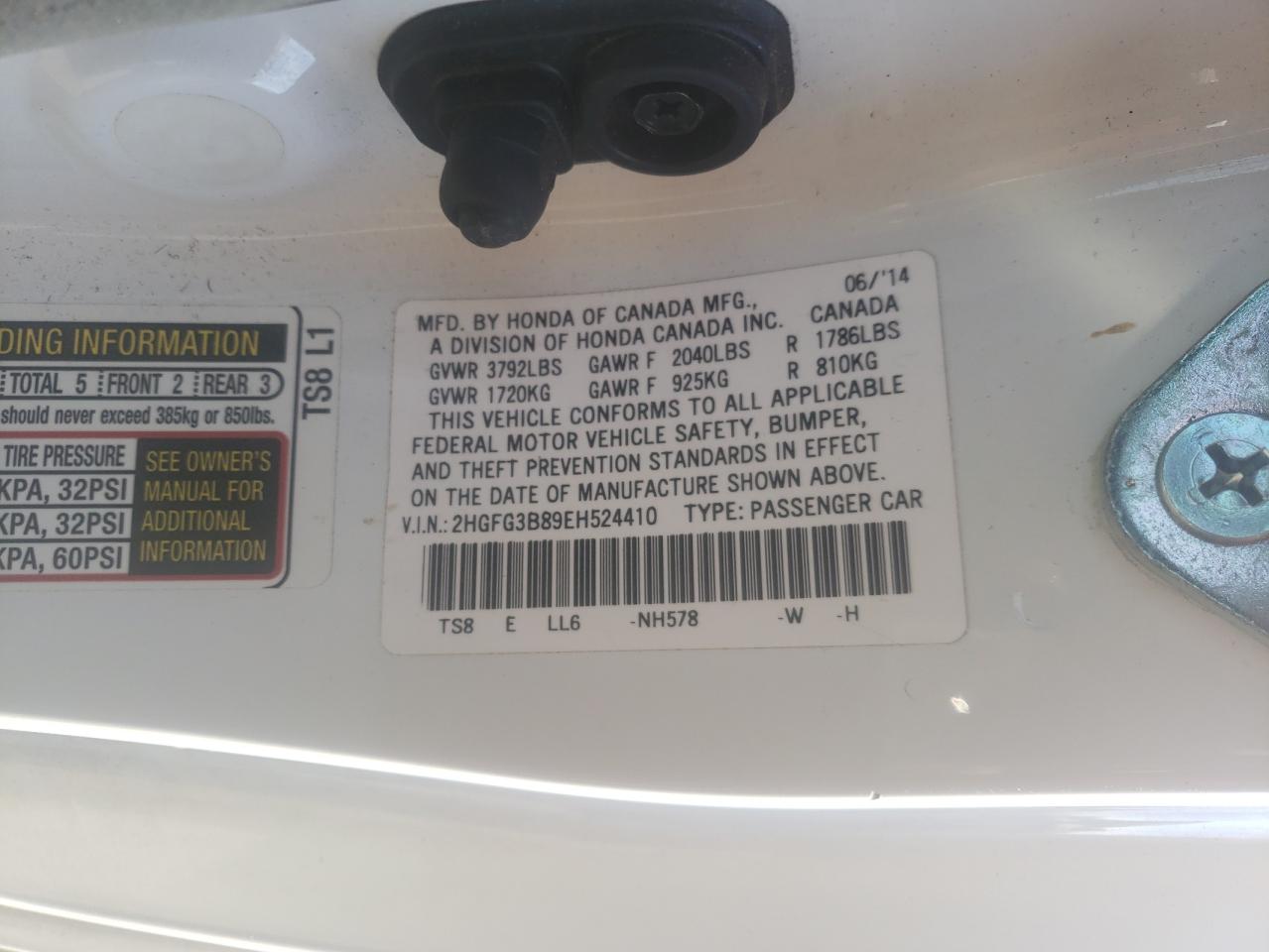 Photo 10 from auction – 2014 HONDA CIVIC EX with VIN 2HGFG3B89EH524410