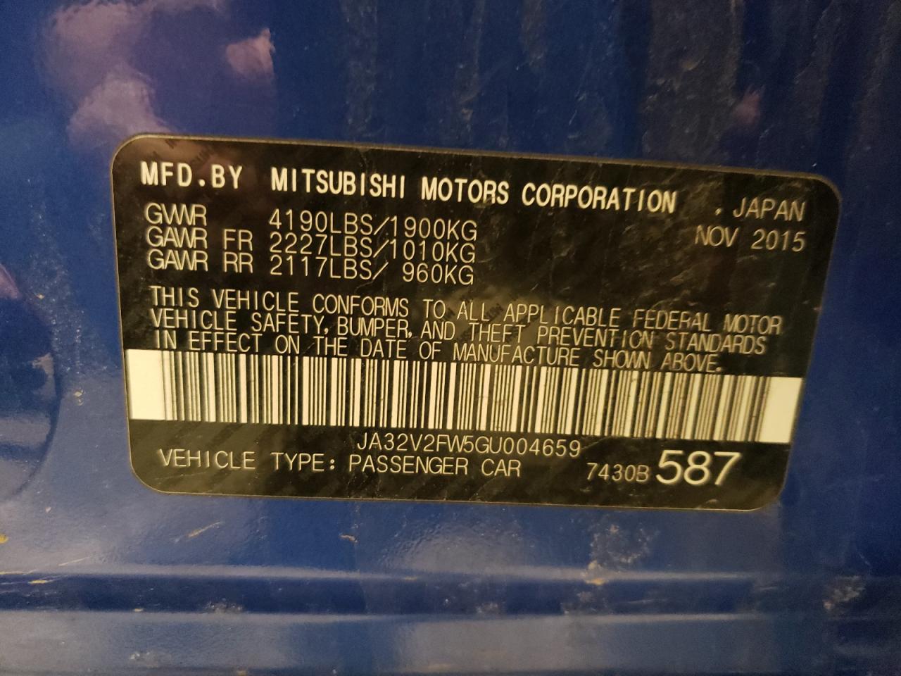 Photo 10 from auction – 2016 MITSUBISHI LANCER ES with VIN JA32V2FW5GU004659