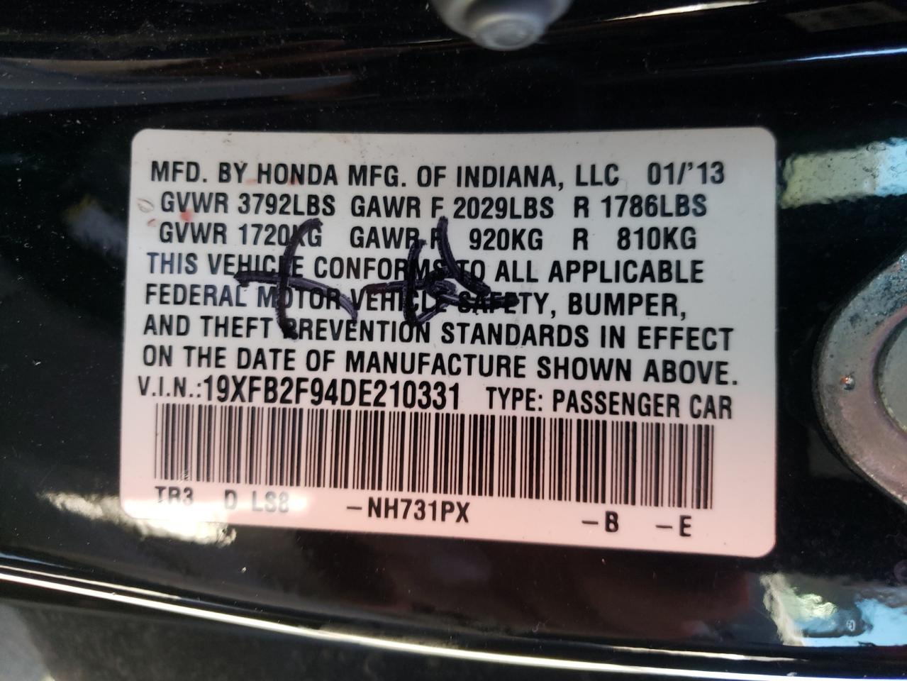 Photo 10 from auction – 2013 HONDA CIVIC EXL with VIN 19XFB2F94DE210331