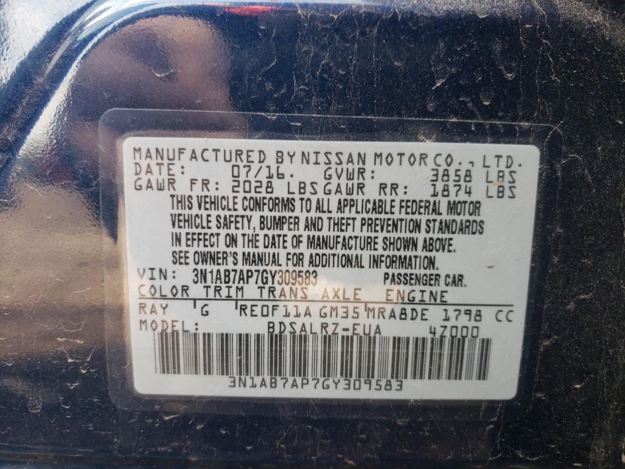 Photo 10 from auction – 2016 NISSAN SENTRA S with VIN 3N1AB7AP7GY309583