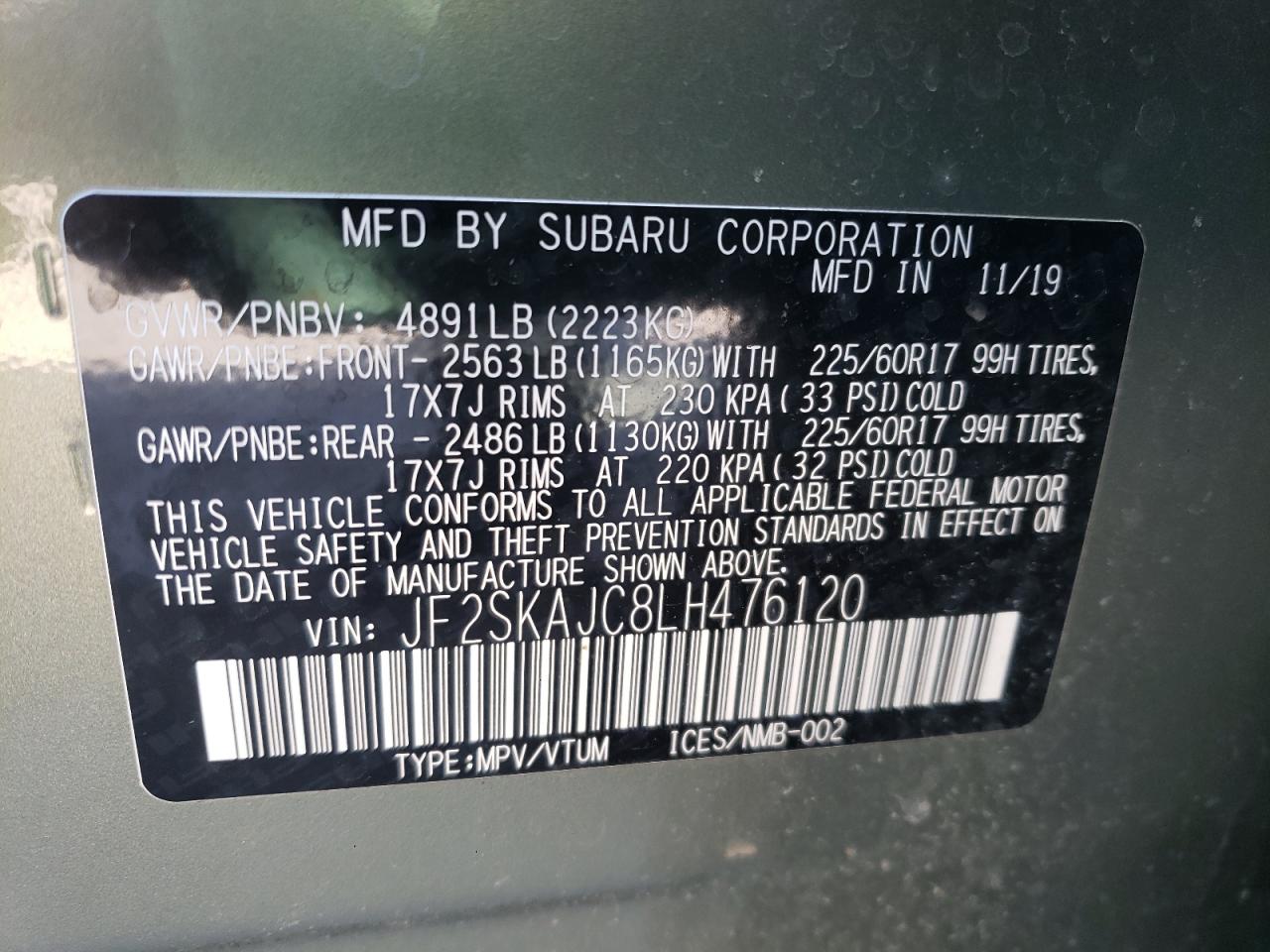 Photo 10 from auction – 2020 SUBARU FORESTER P with VIN JF2SKAJC8LH476120
