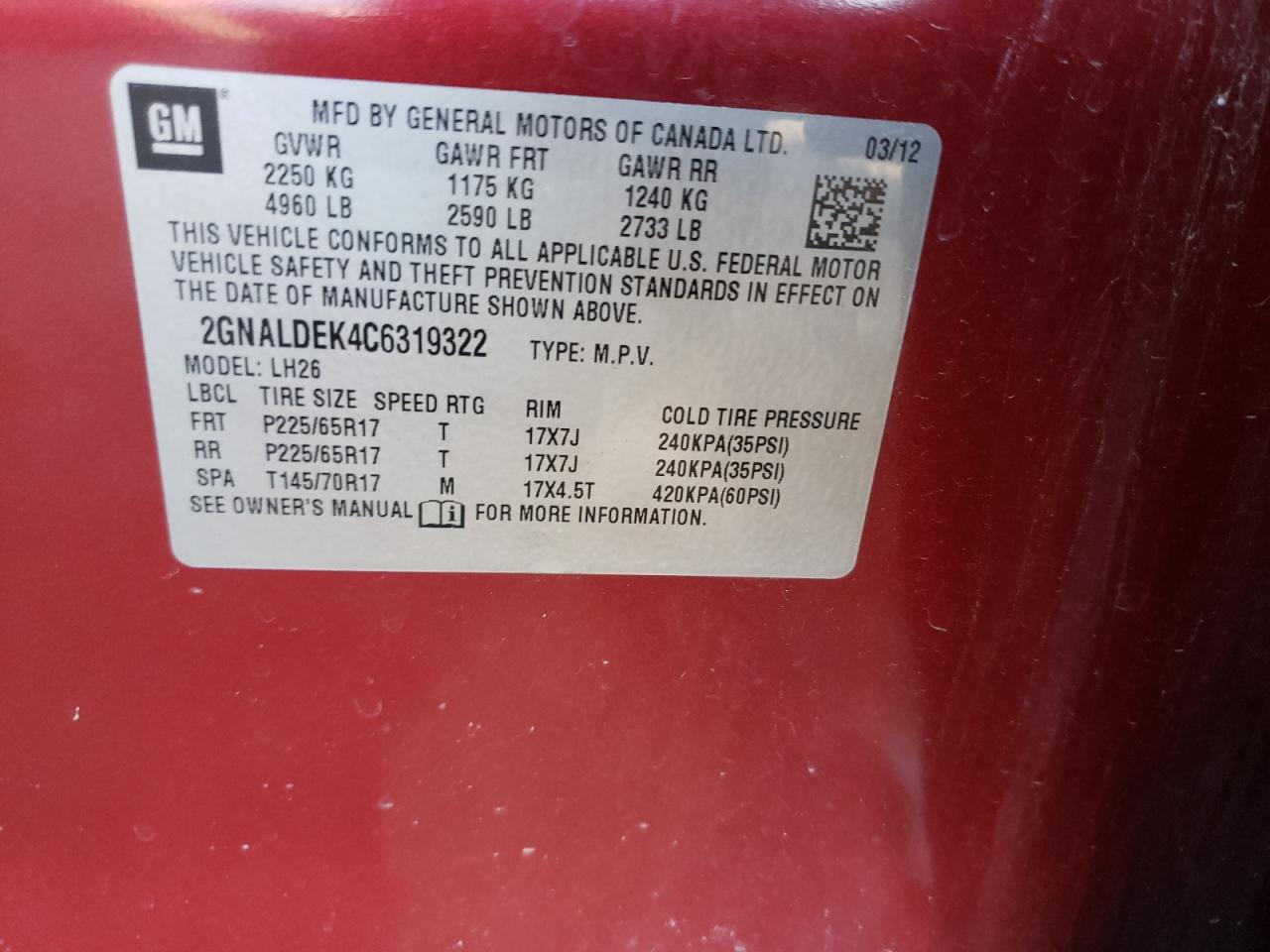 Photo 10 from auction – 2012 CHEVROLET EQUINOX LT with VIN 2GNALDEK4C6319322