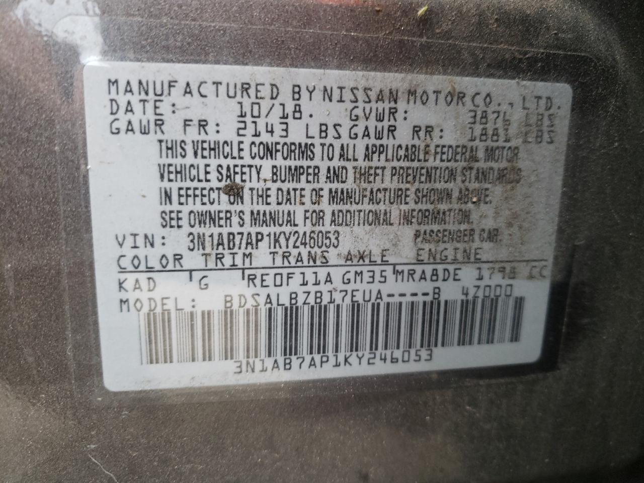 Photo 10 from auction – 2019 NISSAN SENTRA S with VIN 3N1AB7AP1KY246053