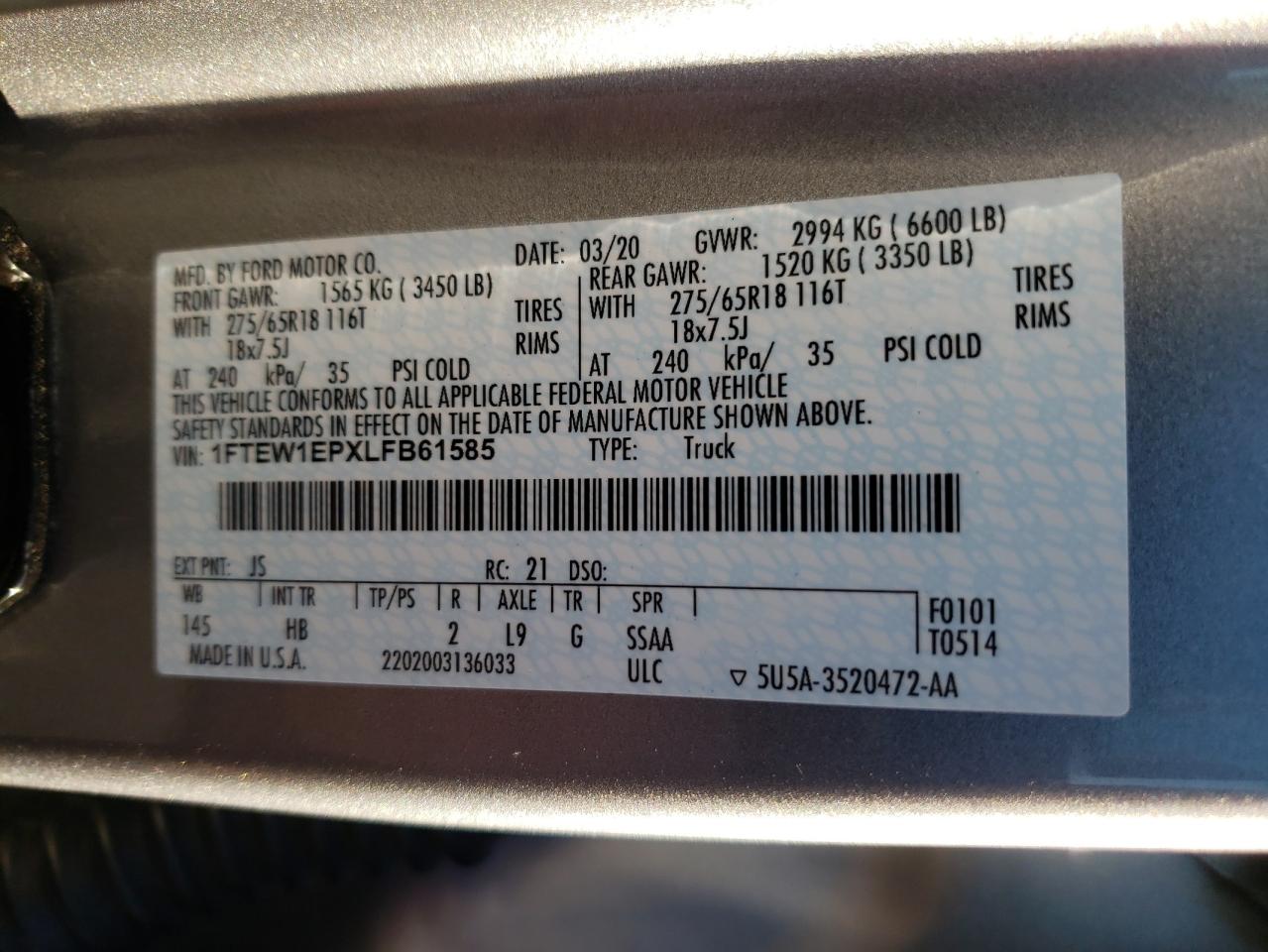 Photo 10 from auction – 2020 FORD F150 SUPER with VIN 1FTEW1EPXLFB61585