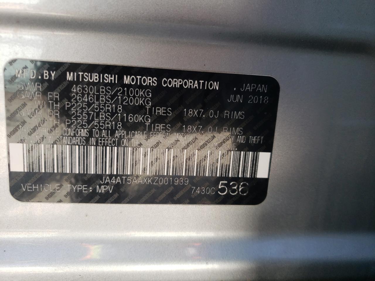 Photo 10 from auction – 2019 MITSUBISHI ECLIPSE CR with VIN JA4AT5AAXKZ001939