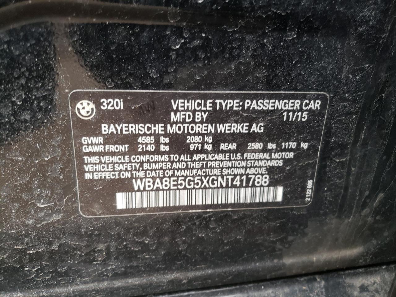 Photo 10 from auction – 2016 BMW 320 XI with VIN WBA8E5G5XGNT41788
