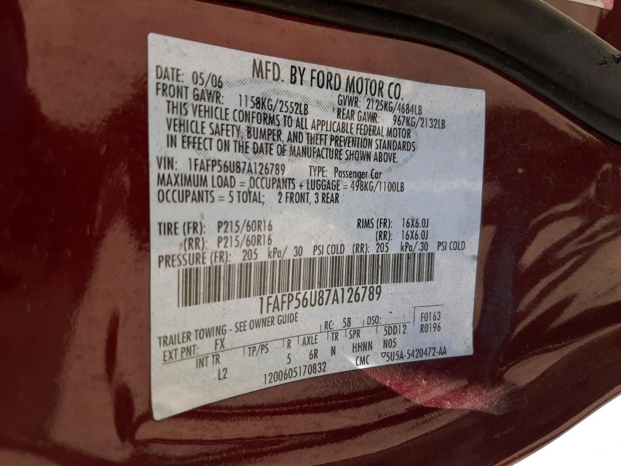 Photo 10 from auction – 2007 FORD TAURUS SEL with VIN 1FAFP56U87A126789