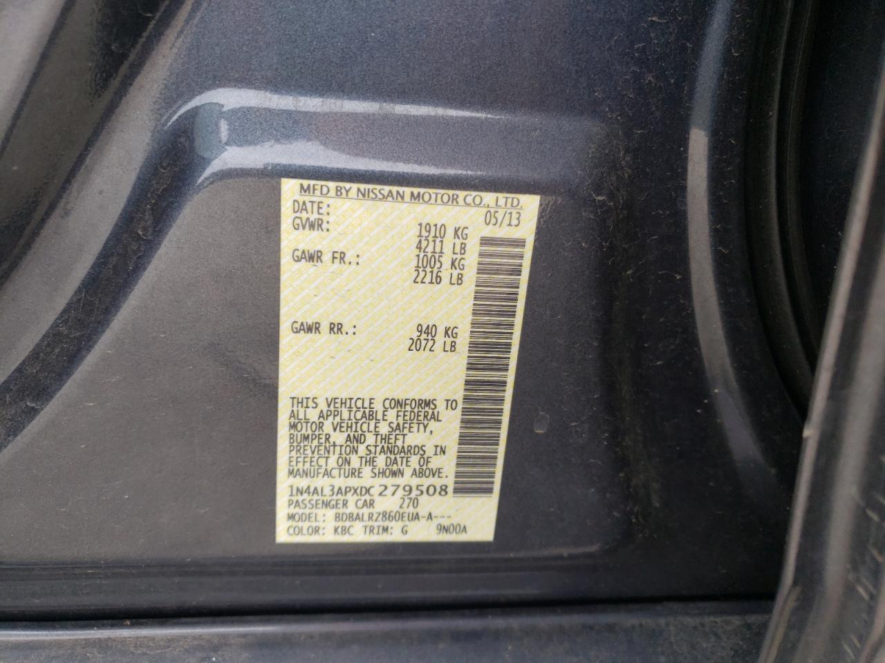 Photo 10 from auction – 2013 NISSAN ALTIMA 2.5 with VIN 1N4AL3APXDC279508