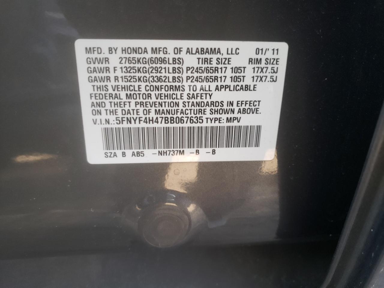 Photo 10 from auction – 2011 HONDA PILOT EX with VIN 5FNYF4H47BB067635