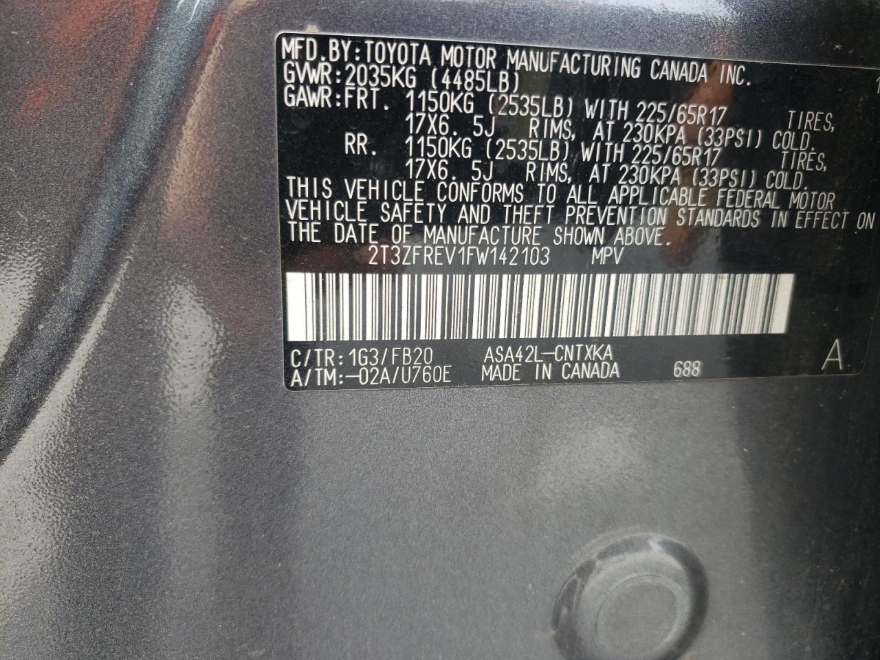 Photo 10 from auction – 2015 TOYOTA RAV4 LE with VIN 2T3ZFREV1FW142103