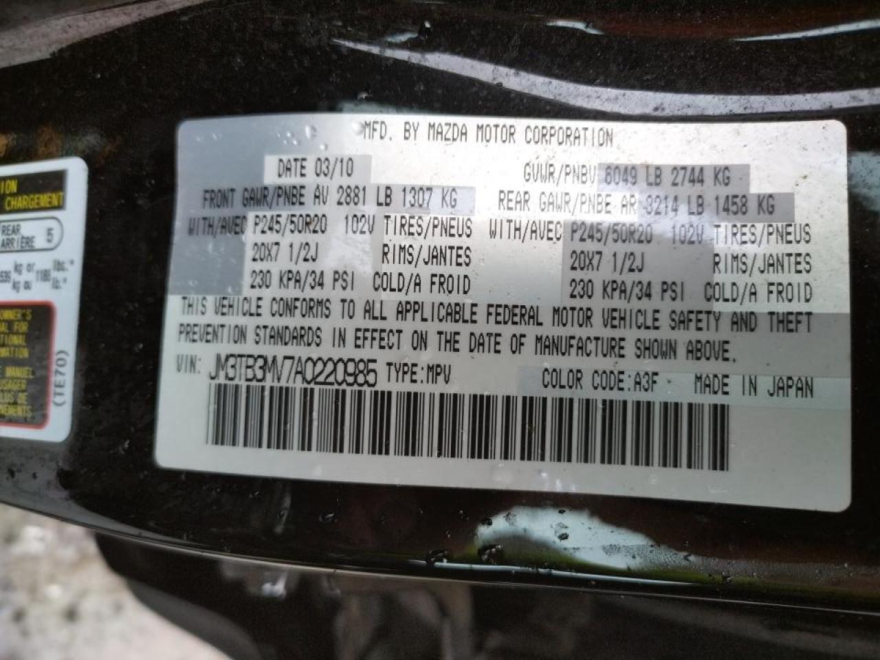 Photo 10 from auction – 2010 MAZDA CX-9 with VIN JM3TB3MV7A0220985