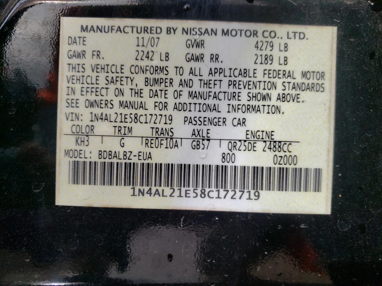 Photo 10 from auction – 2008 NISSAN ALTIMA 2.5 with VIN 1N4AL21E58C172719