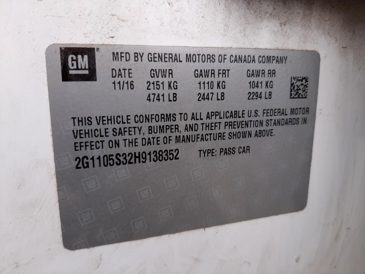 Photo 10 from auction – 2017 CHEVROLET IMPALA LT with VIN 2G1105S32H9138352