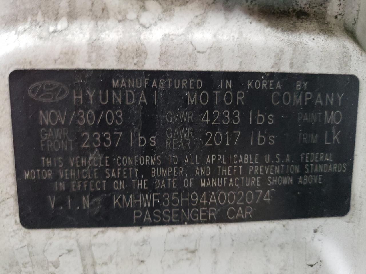 Photo 10 from auction – 2004 HYUNDAI SONATA GLS with VIN KMHWF35H94A002074