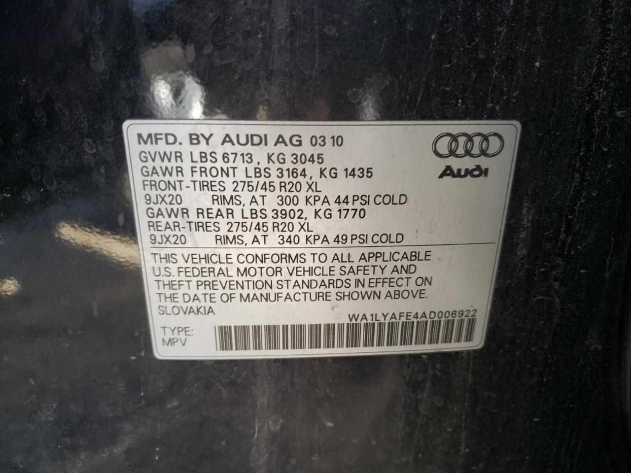 Photo 10 from auction – 2010 AUDI Q7 PREMIUM with VIN WA1LYAFE4AD006922