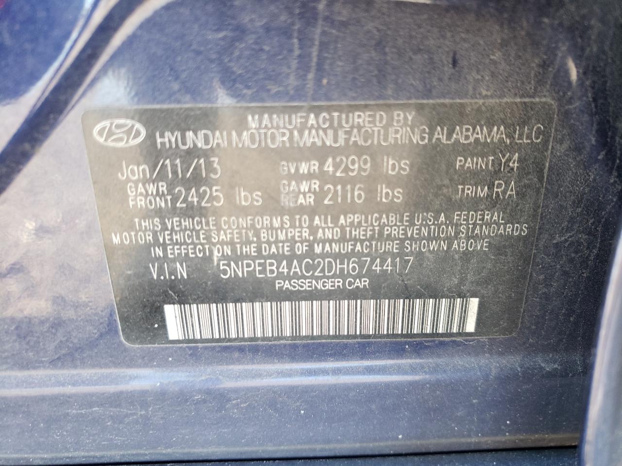 Photo 10 from auction – 2013 HYUNDAI SONATA GLS with VIN 5NPEB4AC2DH674417