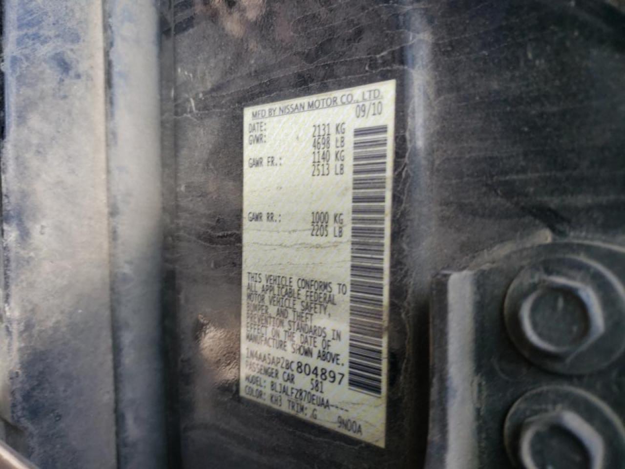 Photo 10 from auction – 2011 NISSAN MAXIMA S with VIN 1N4AA5AP2BC804897