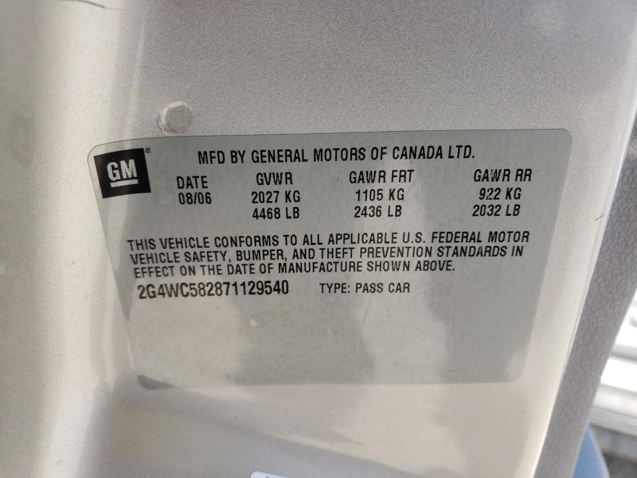 Photo 10 from auction – 2007 BUICK LACROSSE C with VIN 2G4WC582871129540