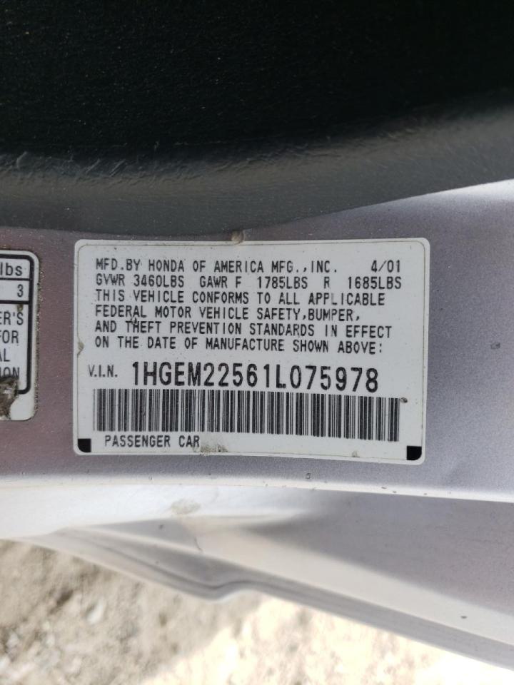 Photo 10 from auction – 2001 HONDA CIVIC LX with VIN 1HGEM22561L075978