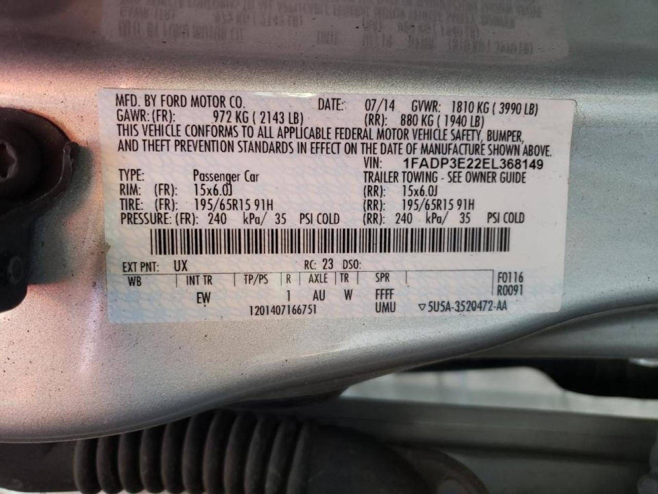 Photo 10 from auction – 2014 FORD FOCUS S with VIN 1FADP3E22EL368149