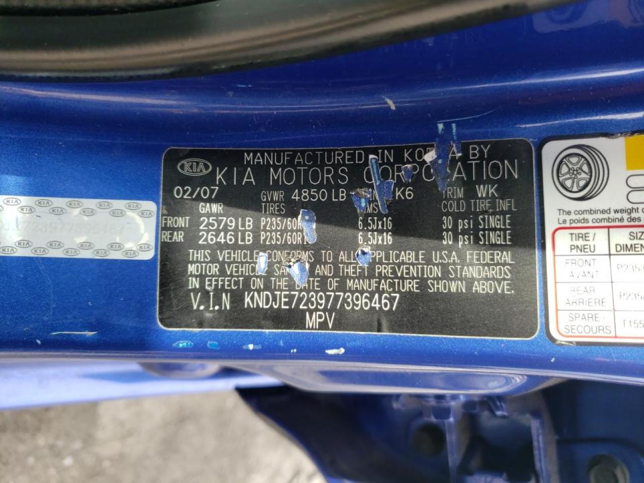 Photo 10 from auction – 2007 KIA SPORTAGE E with VIN KNDJE723977396467