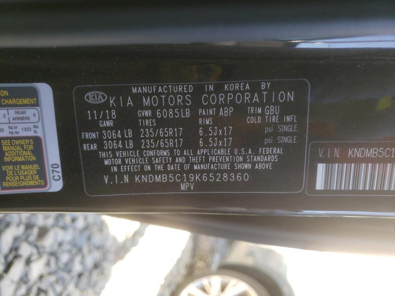 Photo 10 from auction – 2019 KIA SEDONA LX with VIN KNDMB5C19K6528360