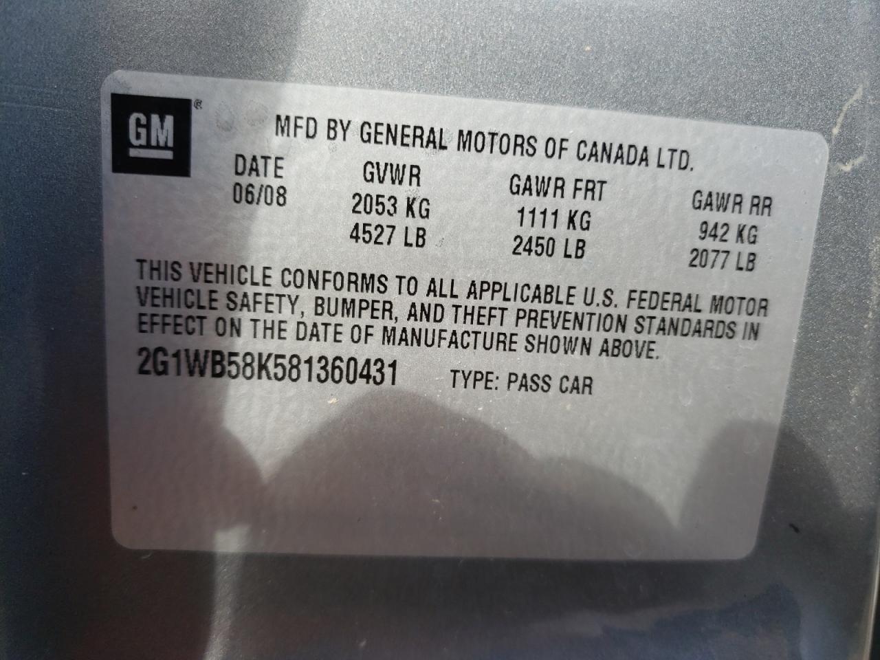 Photo 10 from auction – 2008 CHEVROLET IMPALA LS with VIN 2G1WB58K581360431