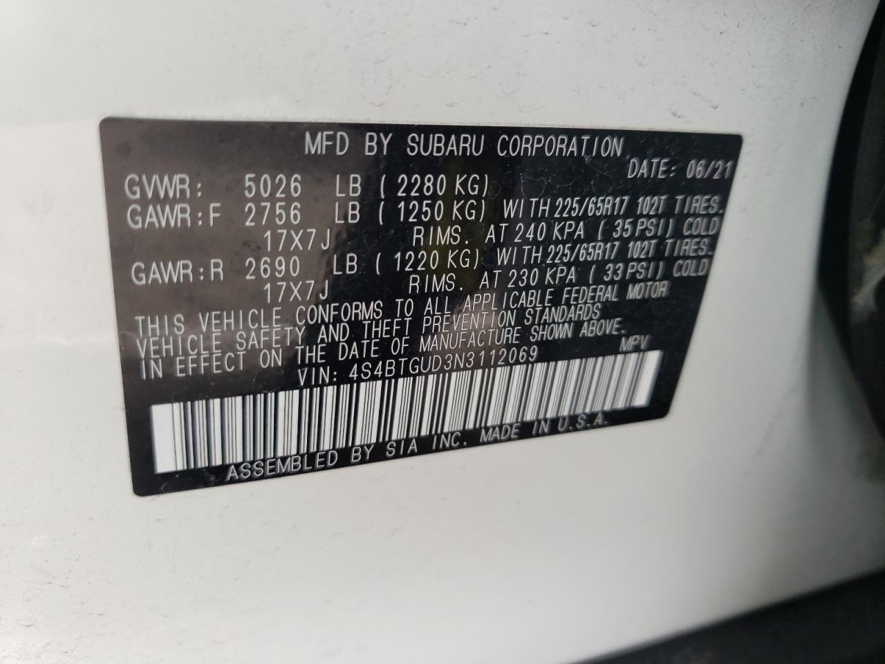Photo 10 from auction – 2022 SUBARU OUTBACK WI with VIN 4S4BTGUD3N3112069