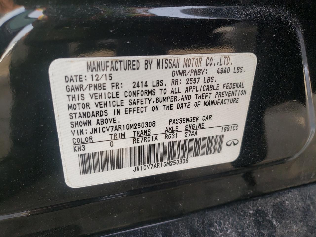 Photo 10 from auction – 2016 INFINITI Q50 BASE with VIN JN1CV7AR1GM250308