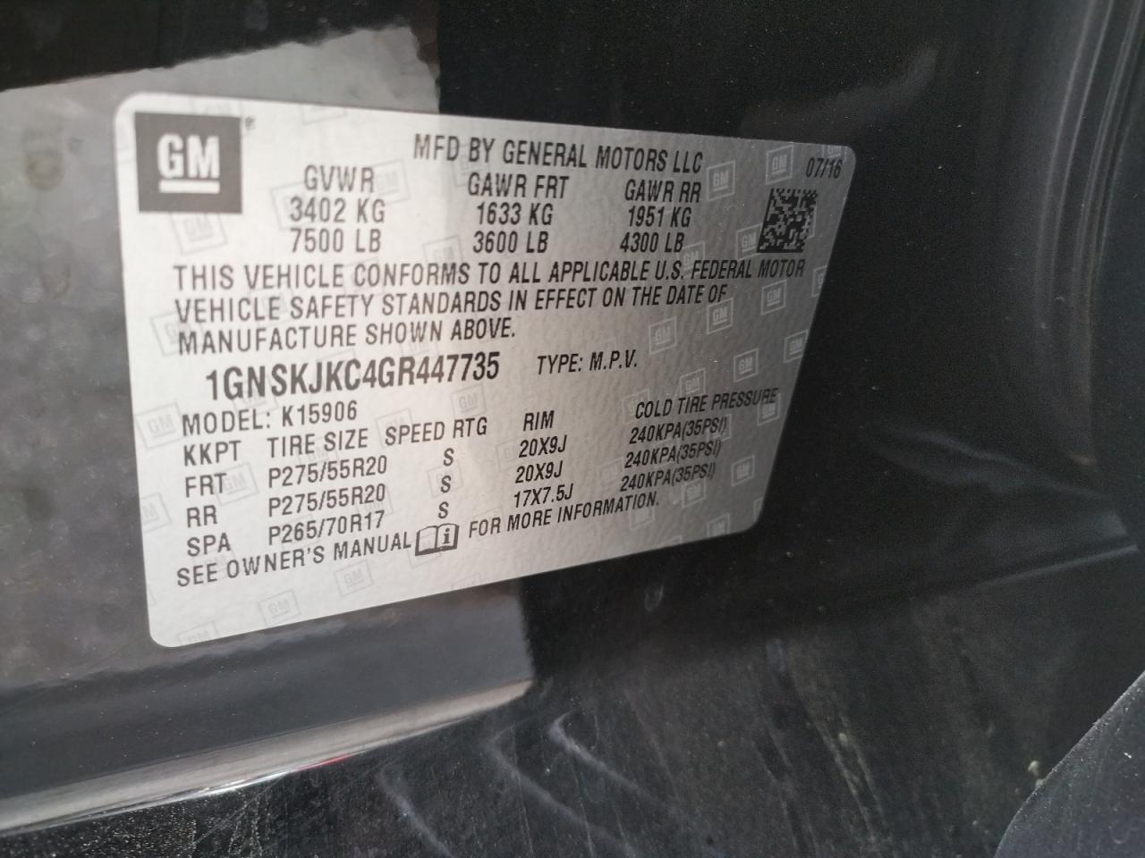 Photo 10 from auction – 2016 CHEVROLET SUBURBAN K with VIN 1GNSKJKC4GR447735