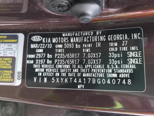 Photo 10 from auction – 2011 KIA SORENTO BA with VIN 5XYKT4A17BG040748