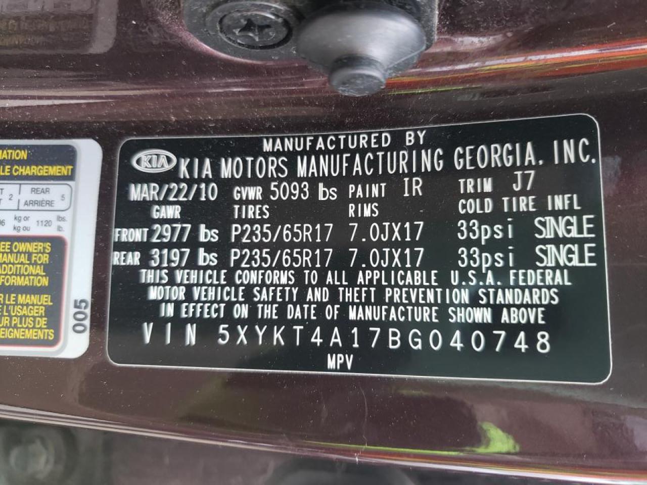 Photo 20 from auction – 2011 KIA SORENTO BA with VIN 5XYKT4A17BG040748