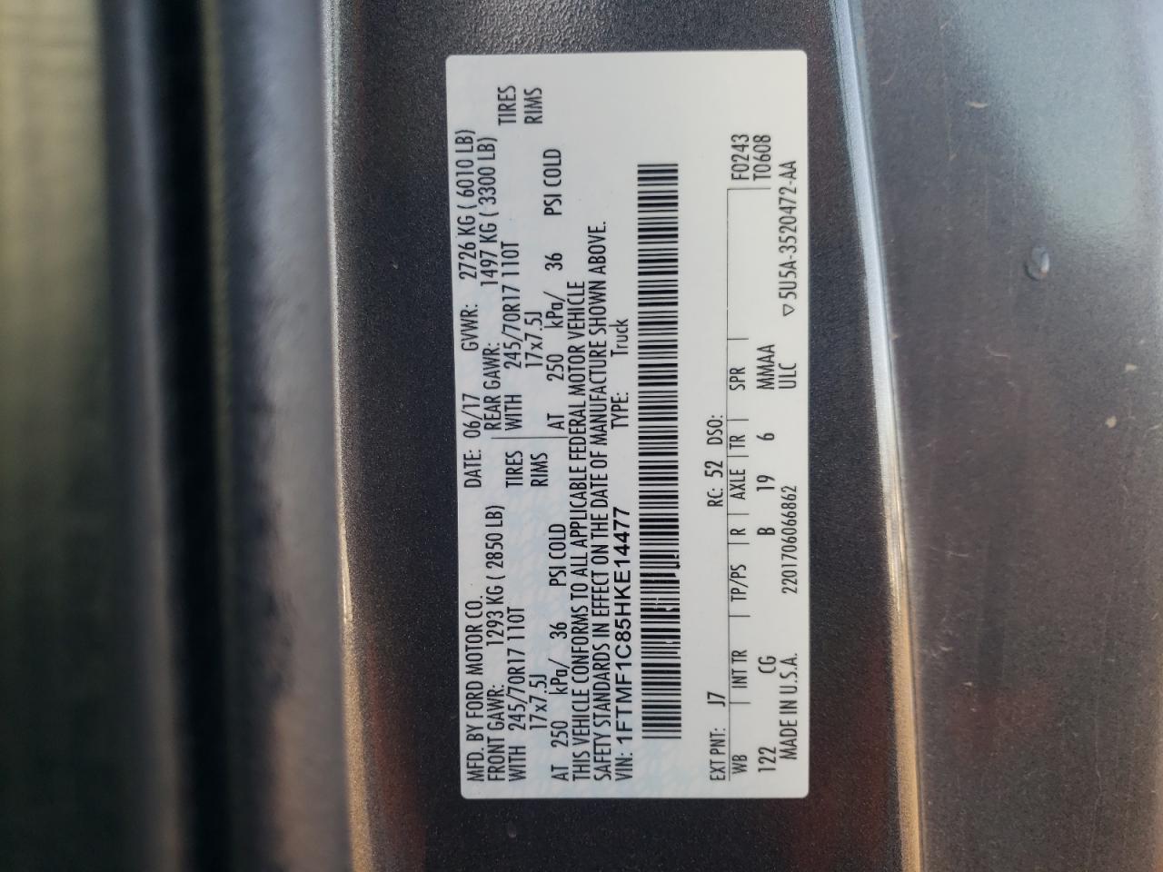 Photo 10 from auction – 2017 FORD F150 with VIN 1FTMF1C85HKE14477