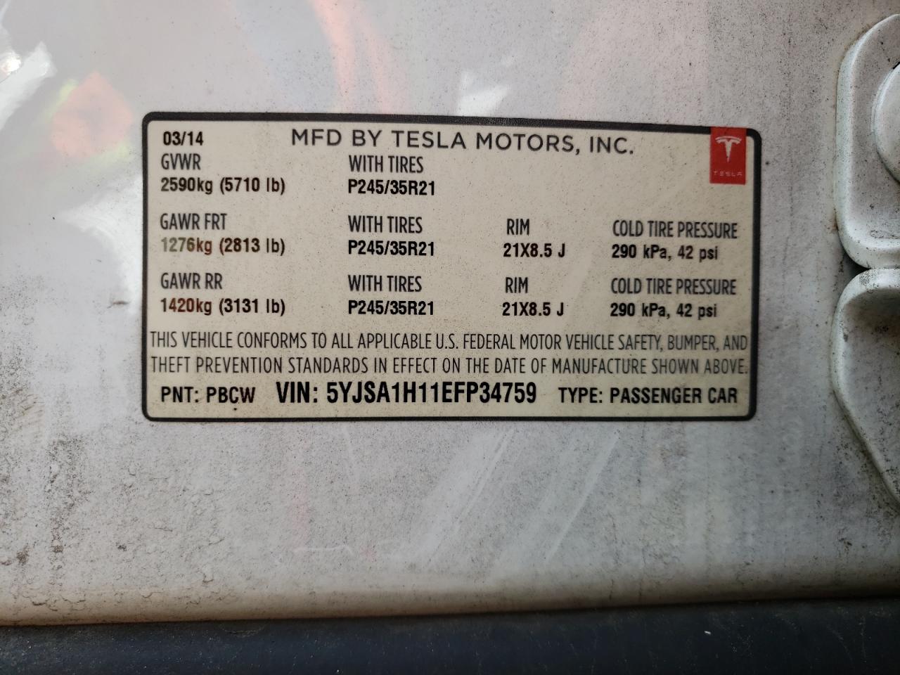 Photo 10 from auction – 2014 TESLA MODEL S with VIN 5YJSA1H11EFP34759