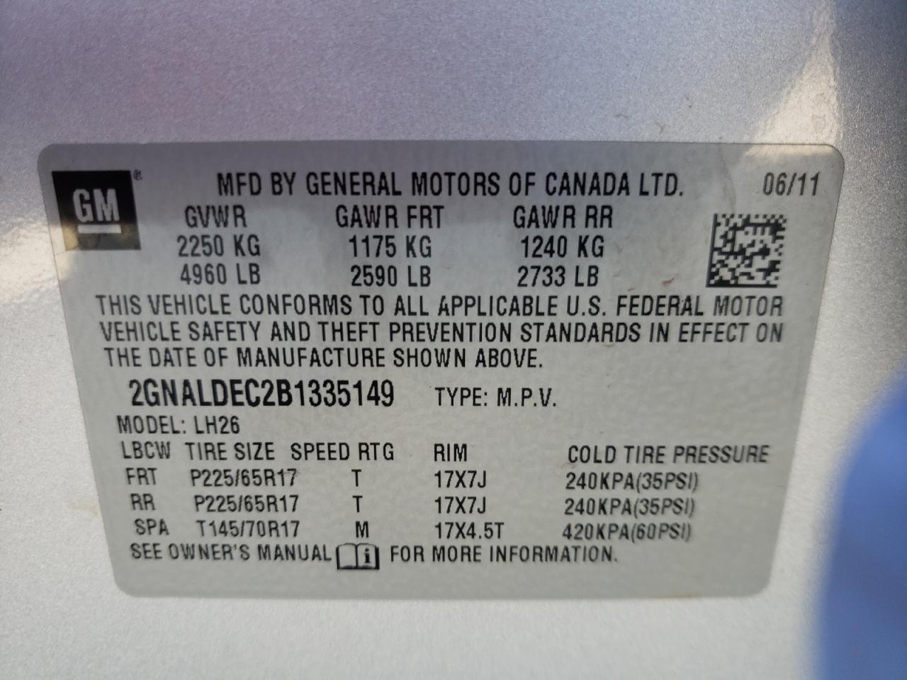 Photo 10 from auction – 2011 CHEVROLET EQUINOX LT with VIN 2GNALDEC2B1335149