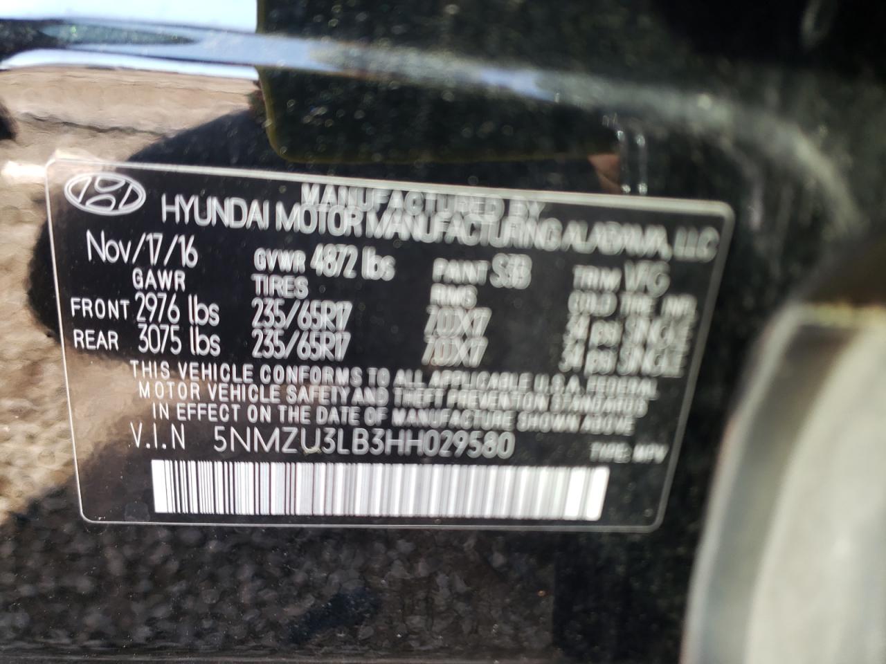 Photo 10 from auction – 2017 HYUNDAI SANTA FE S with VIN 5NMZU3LB3HH029580
