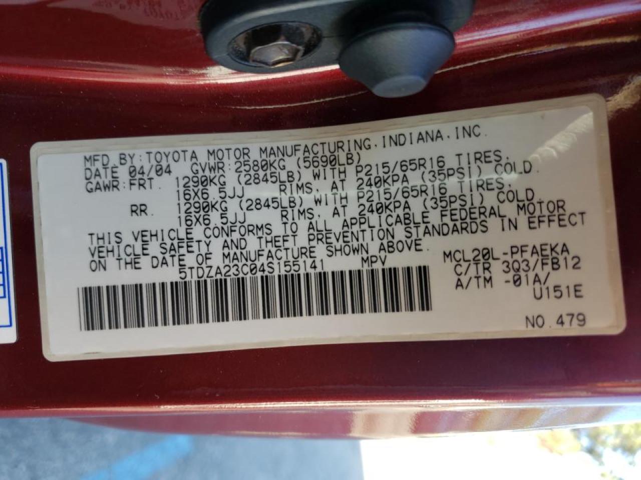 Photo 10 from auction – 2004 TOYOTA SIENNA CE with VIN 5TDZA23C04S155141