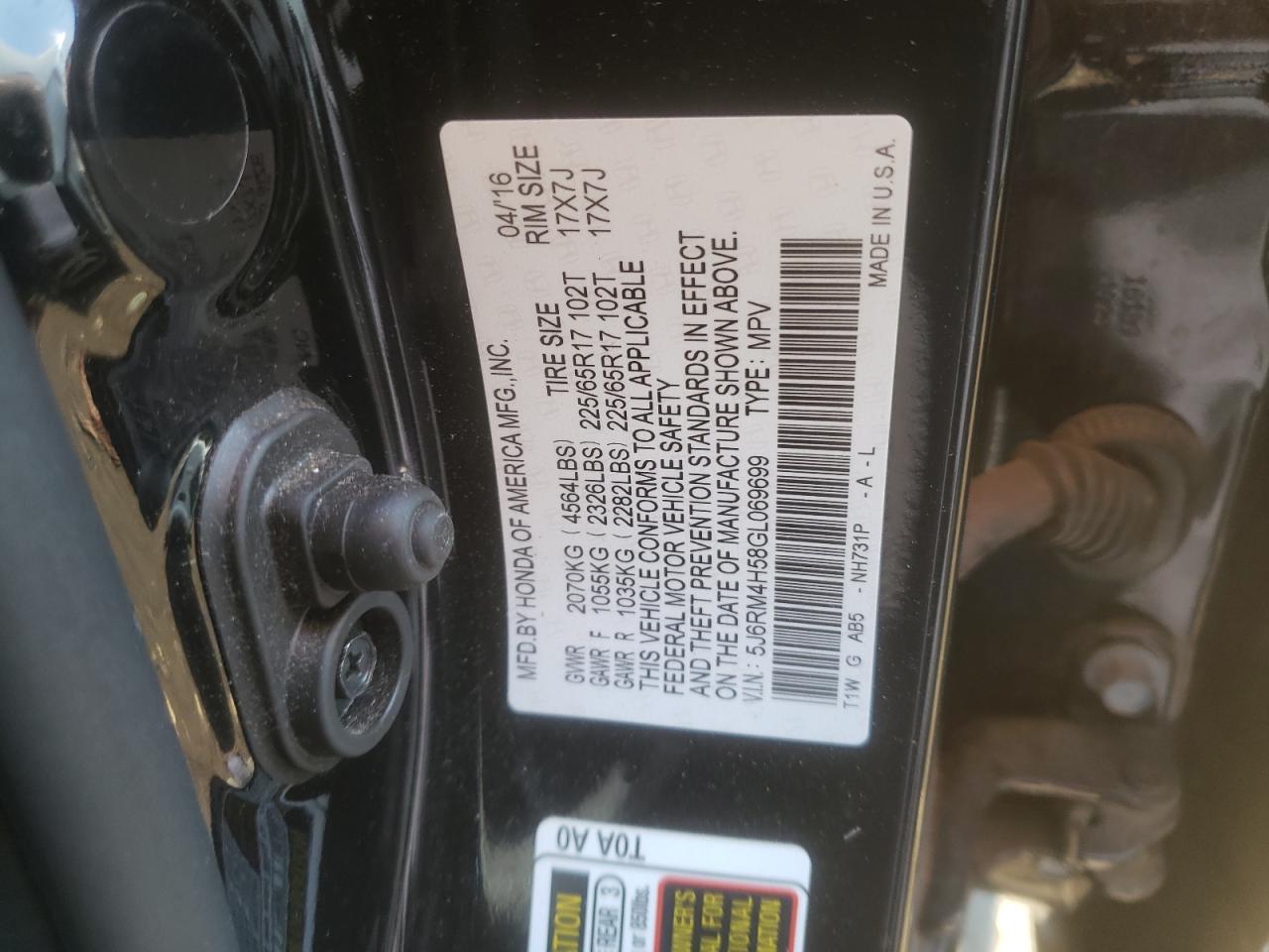 Photo 10 from auction – 2016 HONDA CR-V EX with VIN 5J6RM4H58GL069699
