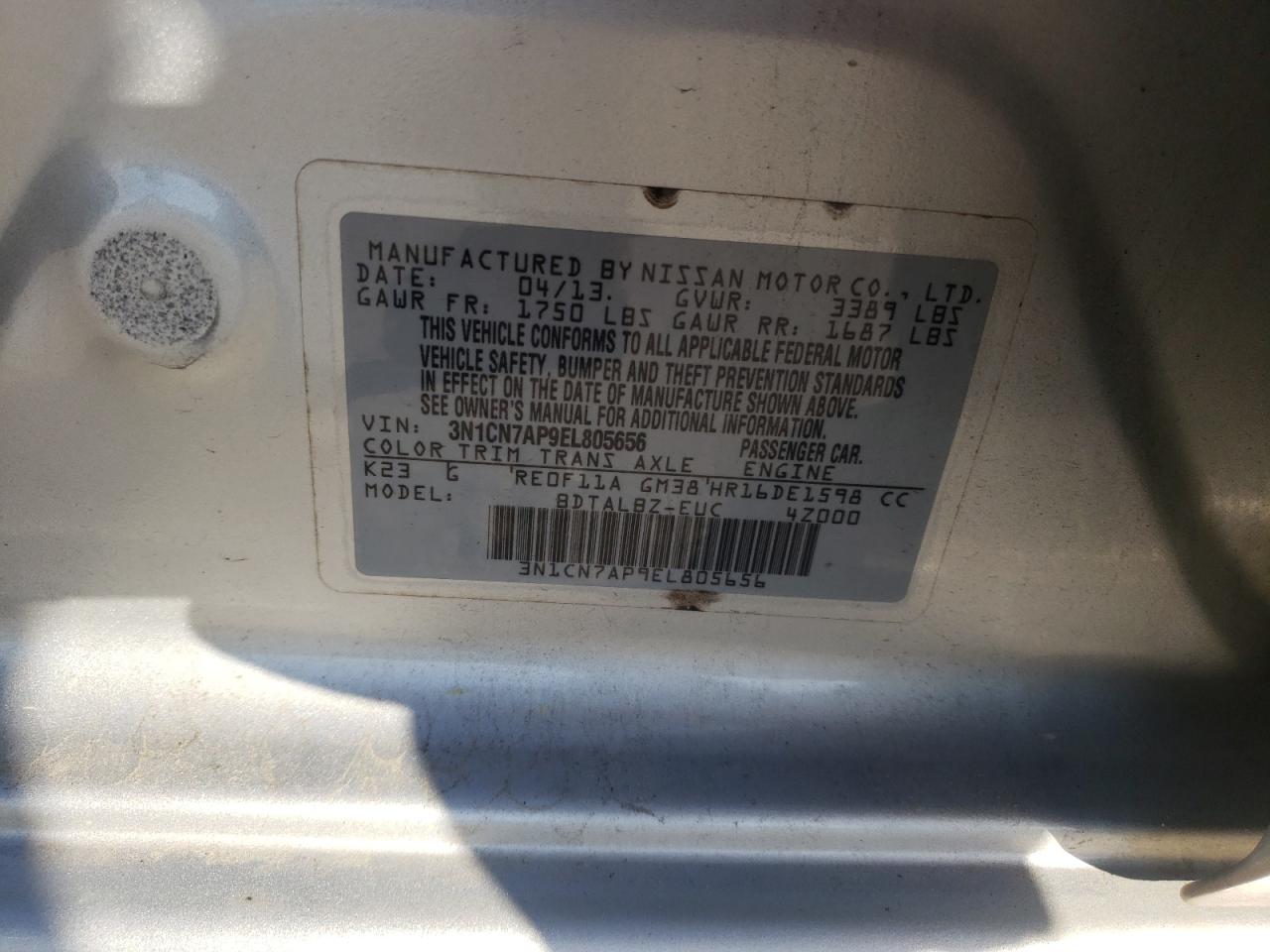 Photo 10 from auction – 2014 NISSAN VERSA S with VIN 3N1CN7AP9EL805656