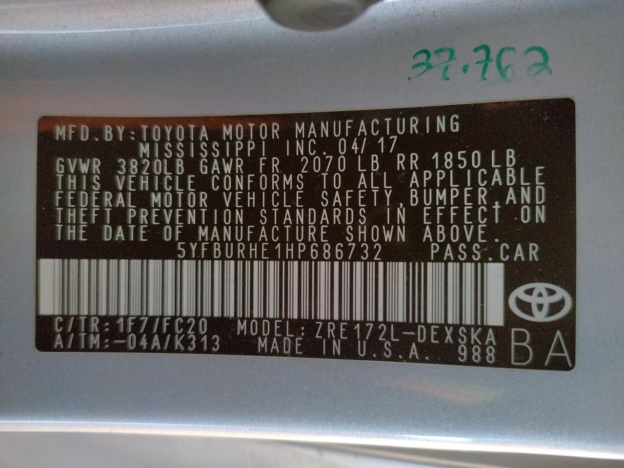 Photo 10 from auction – 2017 TOYOTA COROLLA L with VIN 5YFBURHE1HP686732